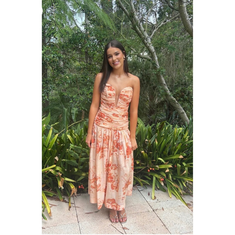 Zimmermann Cascadian Floral Strapless Midi Dress Peach Size 3 US 10